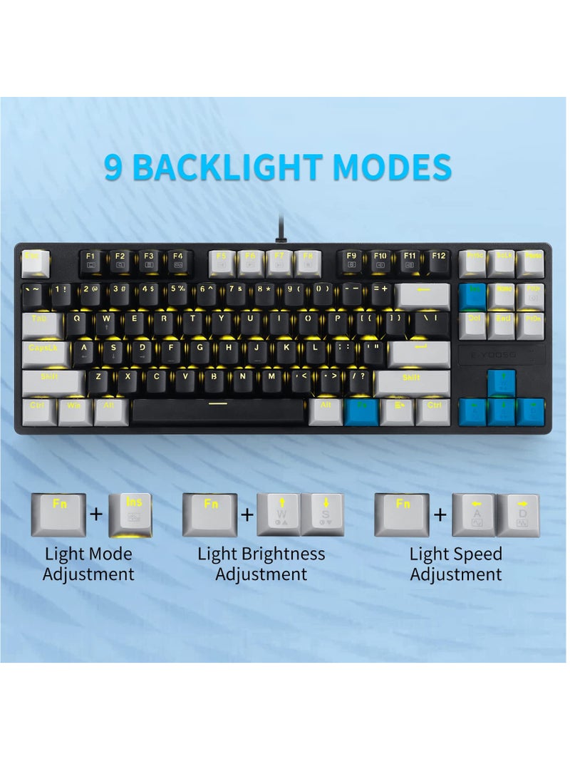87keys Mechanical Gaming Keyboard, Compact Wired Keyboard, Hot-Swap Socket, with Yellow Blacklight, Black Grey-Blue Switches