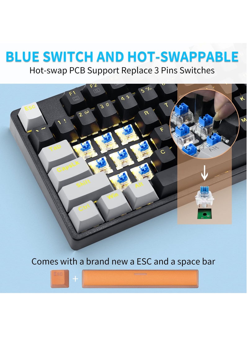 87keys Mechanical Gaming Keyboard, Compact Wired Keyboard, Hot-Swap Socket, with Yellow Blacklight, Black Grey-Blue Switches