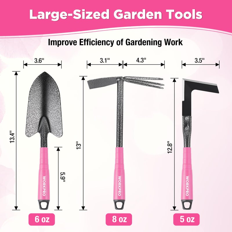 WORKPRO 6-Piece Pink Garden Tool Set, Heavy Duty Gardening Hand Tools with Soft Rubber Handle, Including Trowel, Rakes, 2-in-1 Hoe and Crack Weeder, Ideal Gardening Gifts for Men and Women - Image 2