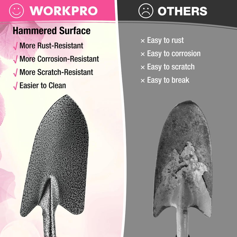 WORKPRO 6-Piece Pink Garden Tool Set, Heavy Duty Gardening Hand Tools with Soft Rubber Handle, Including Trowel, Rakes, 2-in-1 Hoe and Crack Weeder, Ideal Gardening Gifts for Men and Women - Image 5