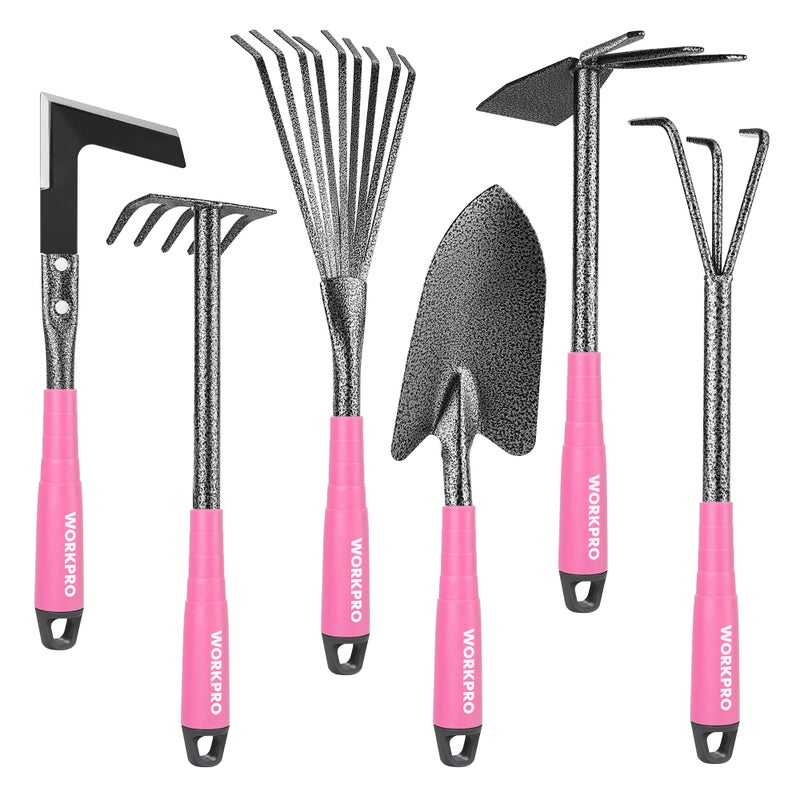 WORKPRO 6-Piece Pink Garden Tool Set, Heavy Duty Gardening Hand Tools with Soft Rubber Handle, Including Trowel, Rakes, 2-in-1 Hoe and Crack Weeder, Ideal Gardening Gifts for Men and Women - Image 1