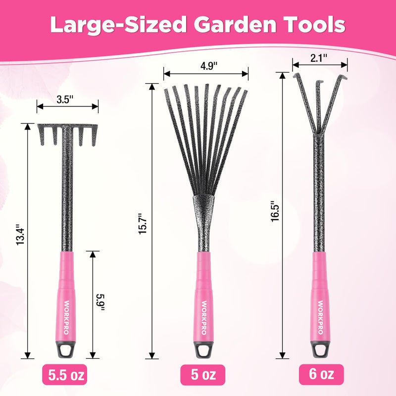 WORKPRO 6-Piece Pink Garden Tool Set, Heavy Duty Gardening Hand Tools with Soft Rubber Handle, Including Trowel, Rakes, 2-in-1 Hoe and Crack Weeder, Ideal Gardening Gifts for Men and Women - Image 3