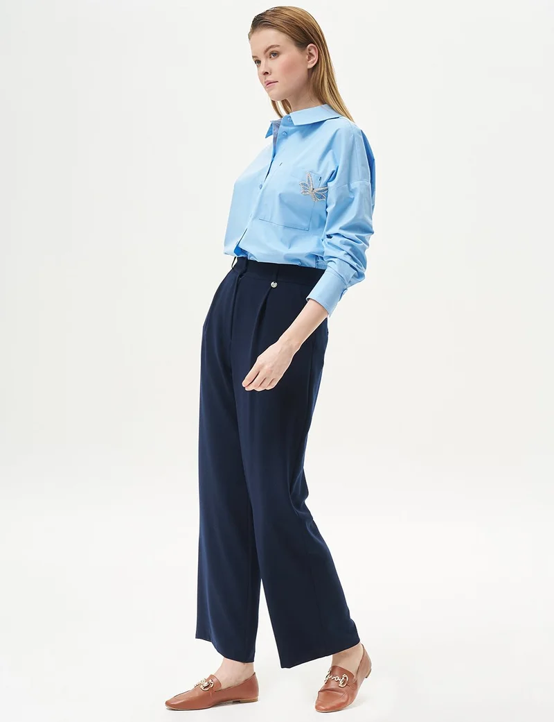 Kayra Pleated Pocket Detail Basic Pants Navy Blue