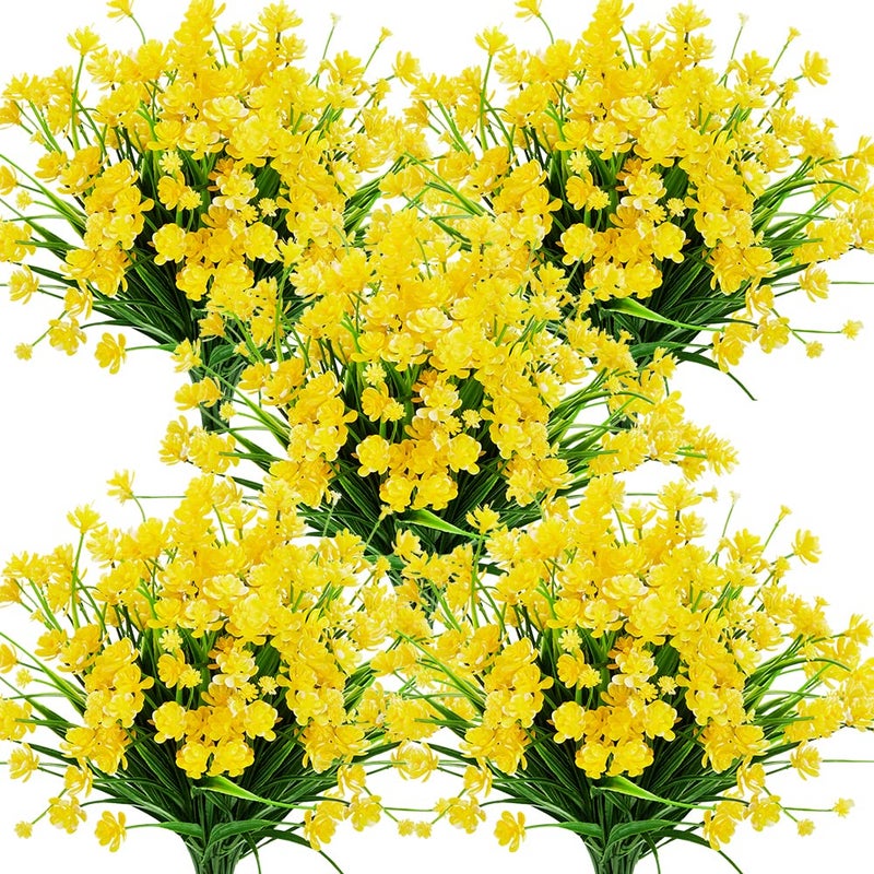 KLEMOO Artificial Flowers 8 Bundles Fake Outdoor UV Resistant Greenery Faux Plants Shrubs for Indoor Outside Hanging Planter Home Office Wedding Farmhouse Decor Yellow