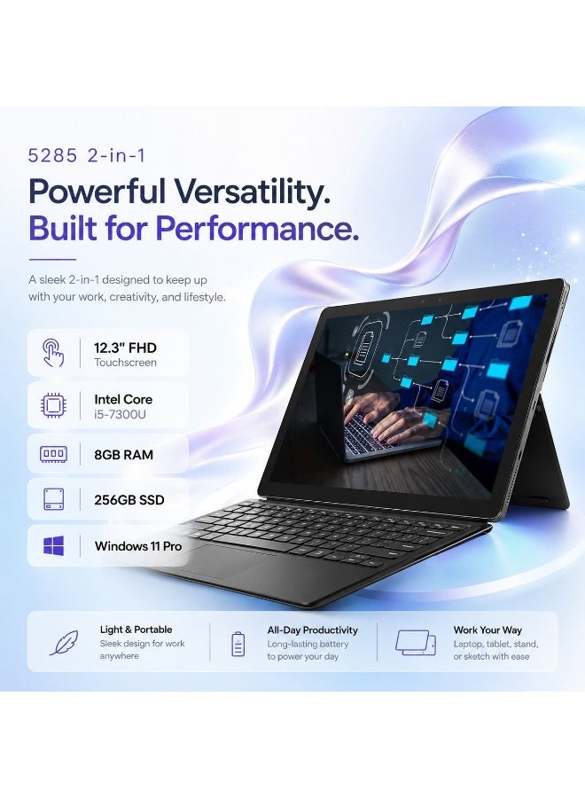 لابتوب 2 في 1 بشاشة لمس 12.3 بوصة FHD ومعالج Intel Core i5 7300U وذاكرة 8 جيجابايت وSSD 256 جيجابايت ونظام Windows 11 Pro مع لوحة مفاتيح وحقيبة وماوس وحامل لابتوب - Image 5