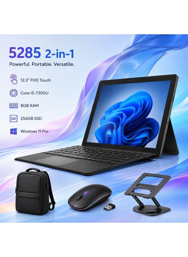 لابتوب 2 في 1 بشاشة لمس 12.3 بوصة FHD ومعالج Intel Core i5 7300U وذاكرة 8 جيجابايت وSSD 256 جيجابايت ونظام Windows 11 Pro مع لوحة مفاتيح وحقيبة وماوس وحامل لابتوب - Image 1