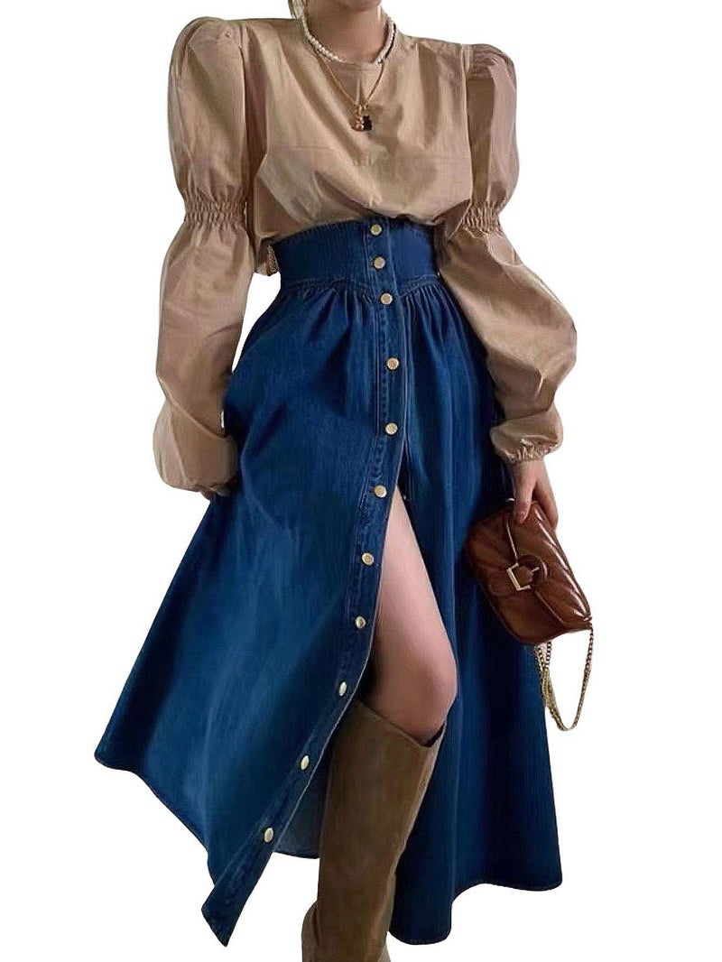 utcoco Women's High Waist Long Denim Skirt Button Down Swing A-Line Jean Maxi Skirt with Pockets (Small, Dark Blue) - Image 1