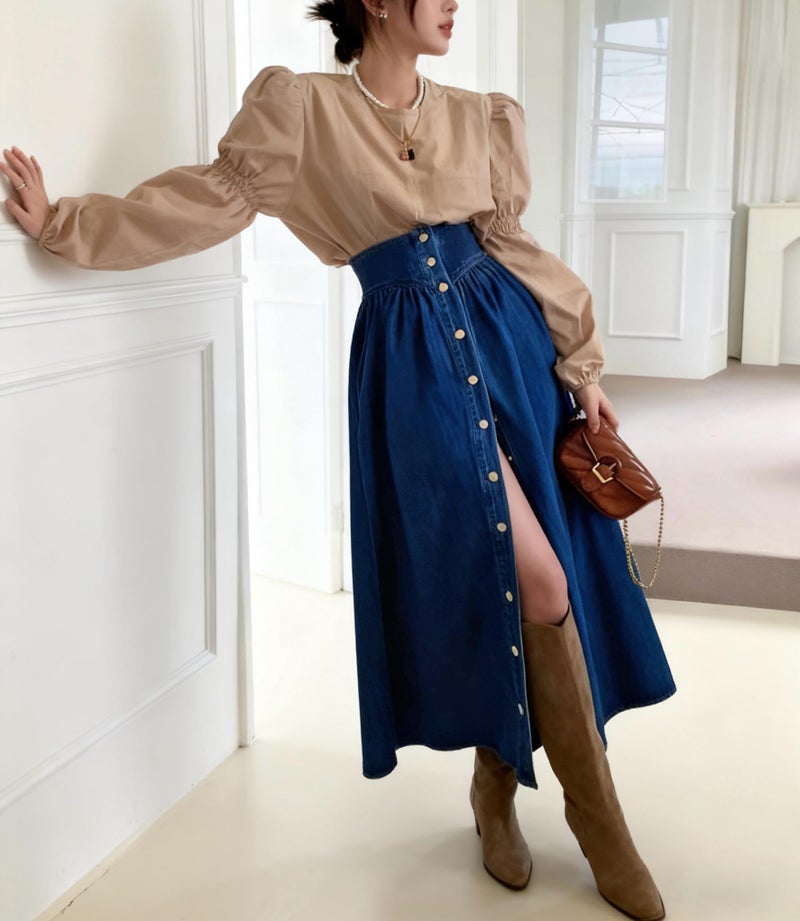 utcoco Women's High Waist Long Denim Skirt Button Down Swing A-Line Jean Maxi Skirt with Pockets (Small, Dark Blue) - Image 2