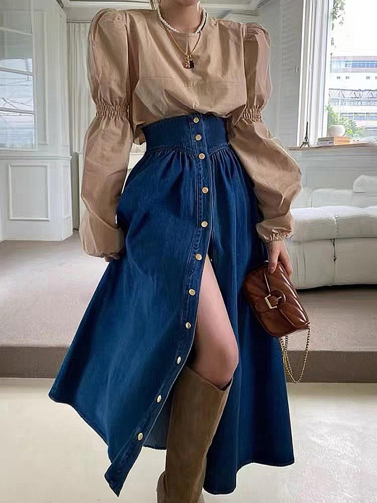 utcoco Women's High Waist Long Denim Skirt Button Down Swing A-Line Jean Maxi Skirt with Pockets (Small, Dark Blue) - Image 5