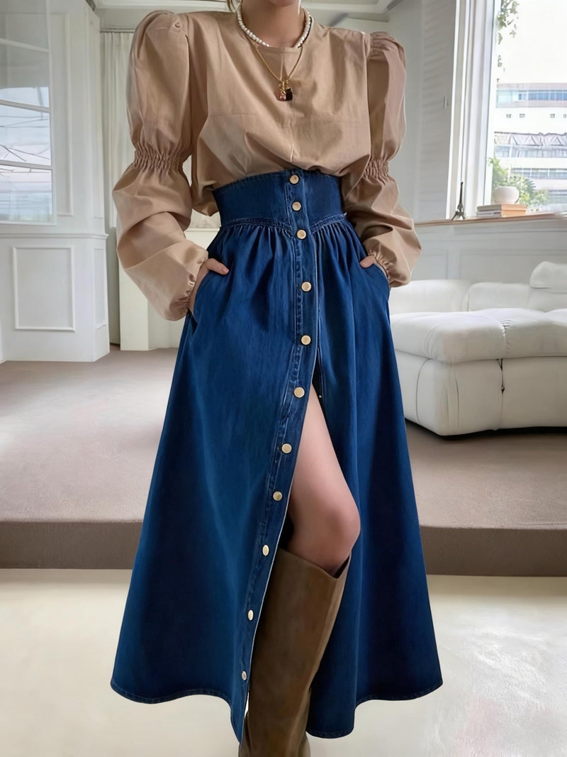 utcoco Women's High Waist Long Denim Skirt Button Down Swing A-Line Jean Maxi Skirt with Pockets (Small, Dark Blue) - Image 4