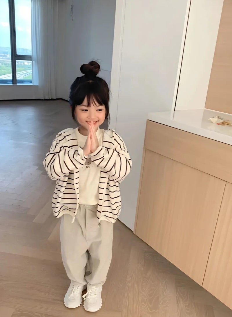 Kids Fashion Striped Hooded Cardigan Sweater Beige White