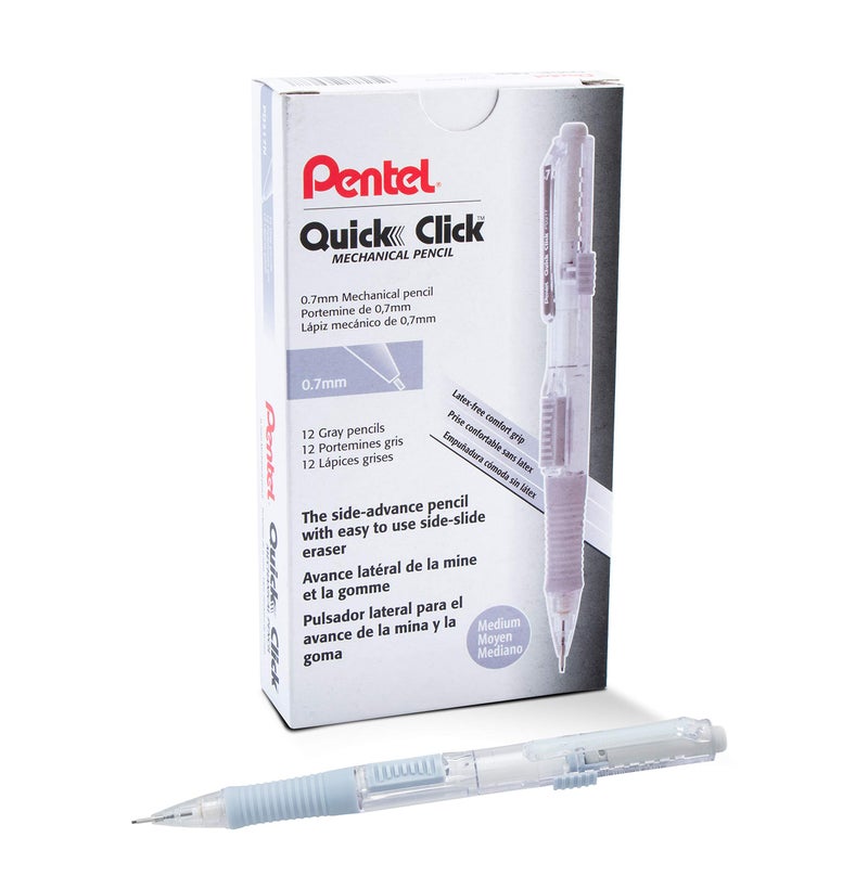 Pentel Quick Click Mechanical Pencil, (0.7mm), Medium, Gray Barrel, Box of 12 Pencils (PD217N) - Image 1