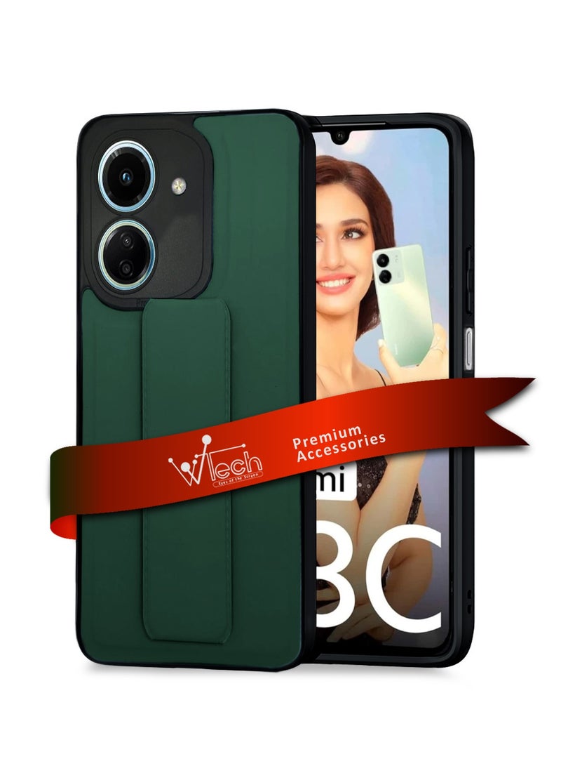 Wtech Soft Liquid Silicone With PU Leather Hand Grip Case Cover For Xiaomi Redmi 13C 4G 2023 / Xiaomi Poco C65 4G 2023 Dark Green