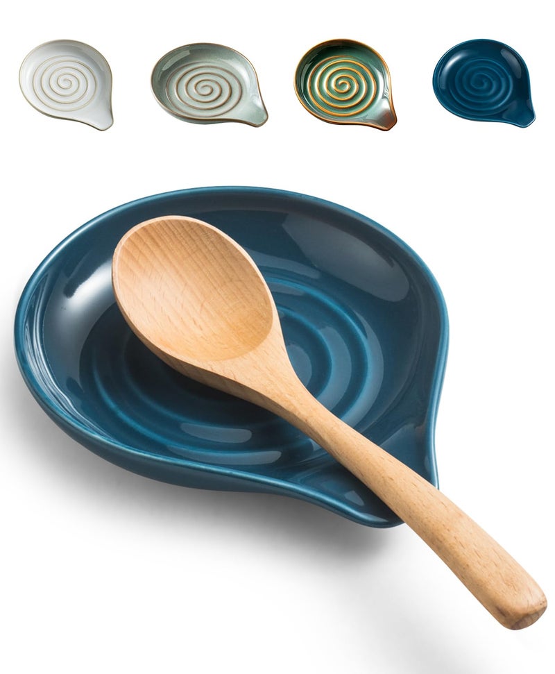 LAUCHUH Spoon Rest for Stove Top, Ceramic Spoon Holder for Kitchen Countertop, Large Cooking Utensil Rest for Spatula, Spoons or Tongs, Heat-Resistant Framhouse Decor for Mother's Day, Blue, 5 Inches - Image 1