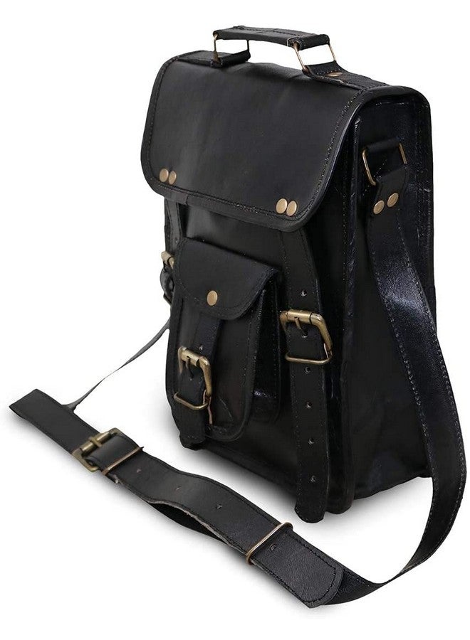 jaald 11" small Leather messenger bag shoulder bag cross body vintage messenger bag for women & men satchel man purse compatible with Ipad and tablet Black, Black, Small, Black, Small - Image 2