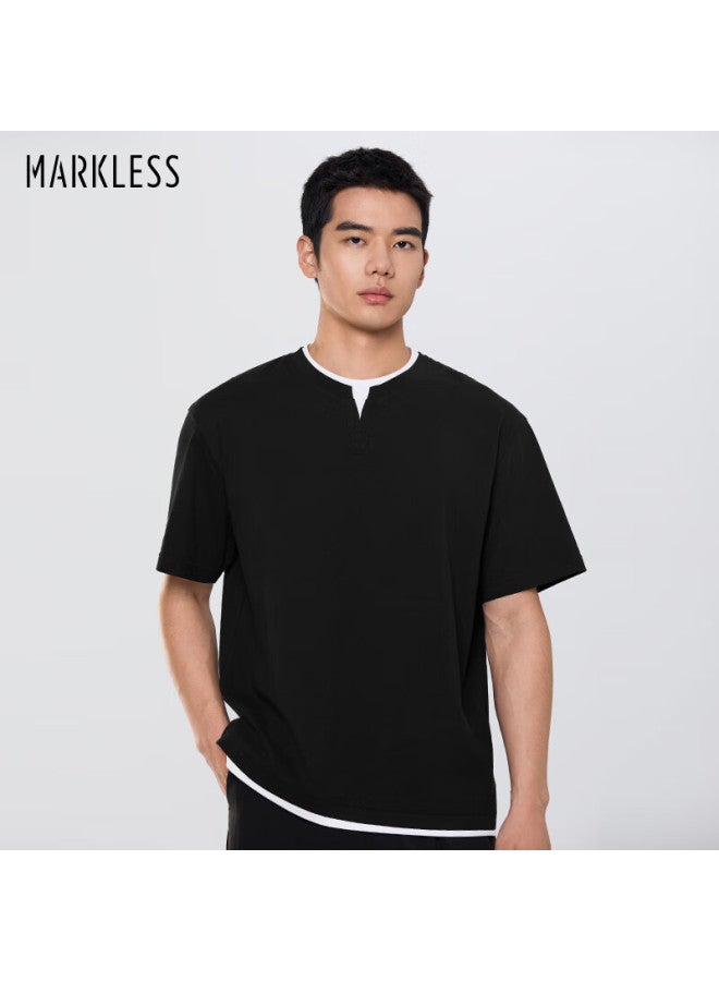 Markless Men's Pure Cotton T-shirt, 2025 Summer New Short-sleeve Breathable Loose Top, 5647 Black, M - Image 1