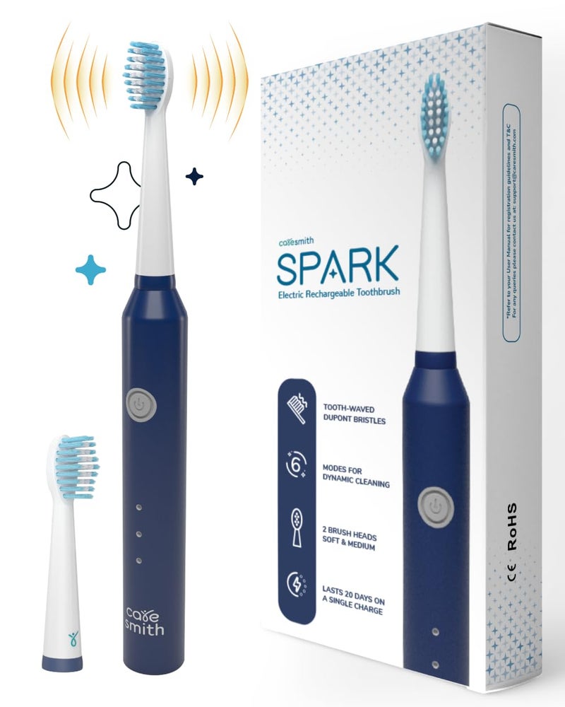 CARESMITH Spark Rechargeable Electric Toothbrush | 6 Operating Modes | 40000 Vibrations per Minute | 2 Brush Heads (Blue) - Image 1