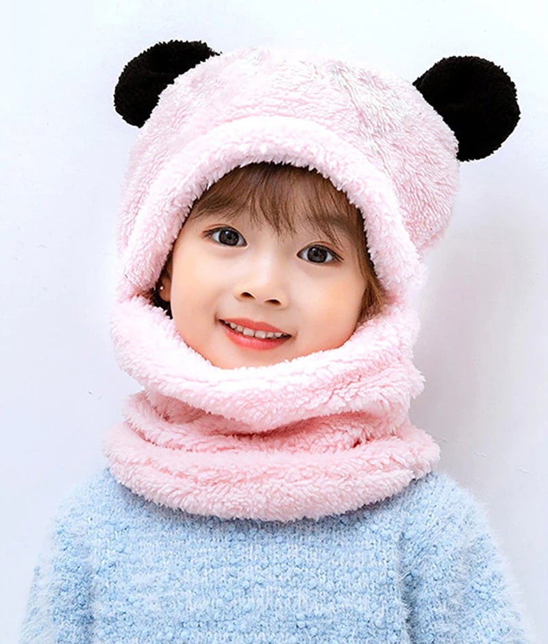 KAŞIKBEY Kaşıkbey Cute Panda Kids Hooded Eared Plush Beanie Welsoft Polar Windproof Neck Hat  - Image 1