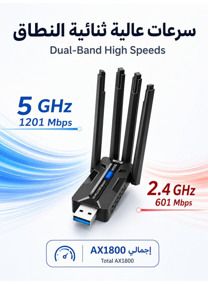 زابلين  مُستقبل واي فاي لاسلكي بسرعة USB 3.0 بقدرة 1800 ميجابت، يدعم واي فاي 6، شرائح مزدوجة بتردد 2.4 جيجاهرتز و5 جيجاهرتز، بطاقة شبكة سريعة مع 4 هوائيات خارجية مخصصة للكمبيوتر المكتبي ولللاب توب - Image 3