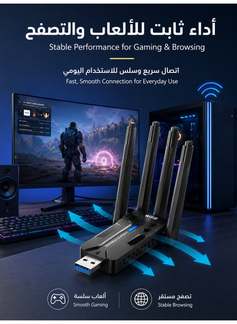 زابلين  مُستقبل واي فاي لاسلكي بسرعة USB 3.0 بقدرة 1800 ميجابت، يدعم واي فاي 6، شرائح مزدوجة بتردد 2.4 جيجاهرتز و5 جيجاهرتز، بطاقة شبكة سريعة مع 4 هوائيات خارجية مخصصة للكمبيوتر المكتبي ولللاب توب - Image 4