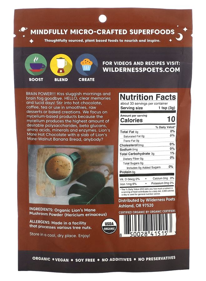 Wilderness Poets Organic Lion's Mane Mushroom Powder 3.5 oz (99 g) - Image 2