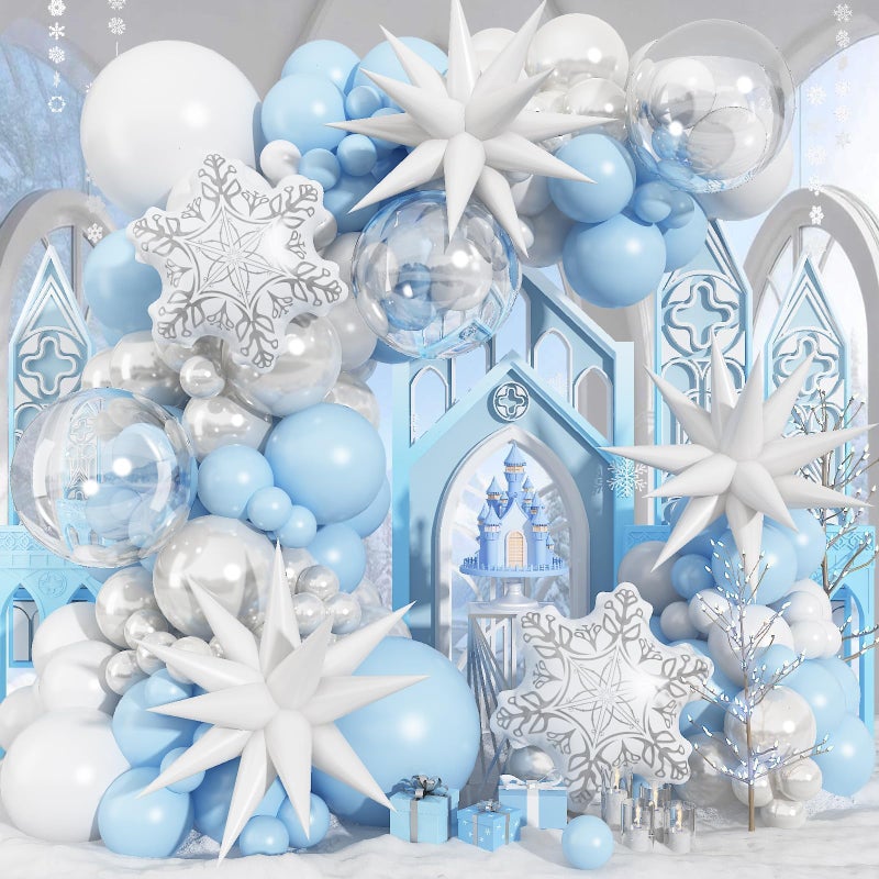 Froova Blue White Christmas Balloon Arch Garland Kit 115Pcs Light Blue Pearl White and Transparent Xmas Balloons White Snowflake Explosion Star Balloon for Winter Wonderland Holiday Christmas Decor - Image 3