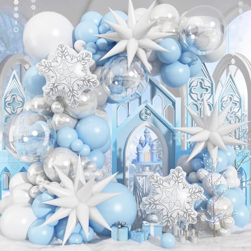 Froova Blue White Christmas Balloon Arch Garland Kit 115Pcs Light Blue Pearl White and Transparent Xmas Balloons White Snowflake Explosion Star Balloon for Winter Wonderland Holiday Christmas Decor - Image 1