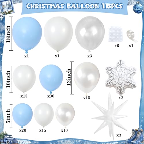 Froova Blue White Christmas Balloon Arch Garland Kit 115Pcs Light Blue Pearl White and Transparent Xmas Balloons White Snowflake Explosion Star Balloon for Winter Wonderland Holiday Christmas Decor - Image 5