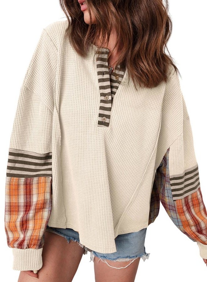SELINK Womens Long Sleeve Henley Shirts Casual Waffle Stripe Plaid Patchwork Sweatshirts Knit Tops, Apricot, S - Image 1