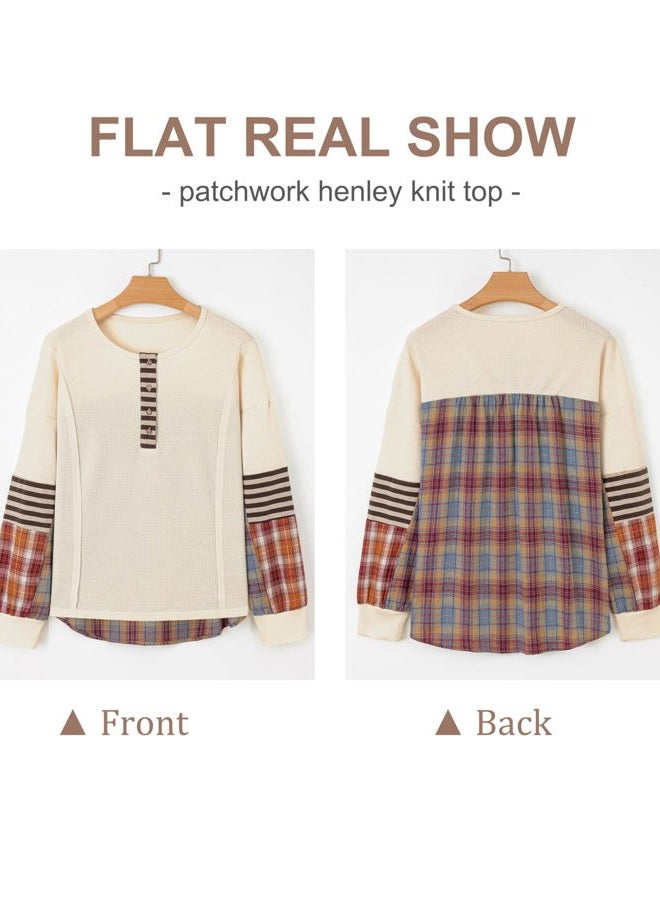 SELINK Womens Long Sleeve Henley Shirts Casual Waffle Stripe Plaid Patchwork Sweatshirts Knit Tops, Apricot, S - Image 3