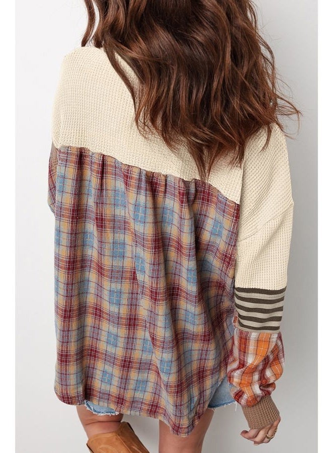 SELINK Womens Long Sleeve Henley Shirts Casual Waffle Stripe Plaid Patchwork Sweatshirts Knit Tops, Apricot, S - Image 2