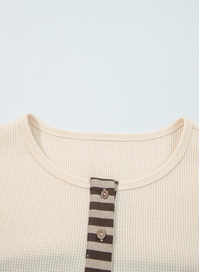 SELINK Womens Long Sleeve Henley Shirts Casual Waffle Stripe Plaid Patchwork Sweatshirts Knit Tops, Apricot, S - Image 4