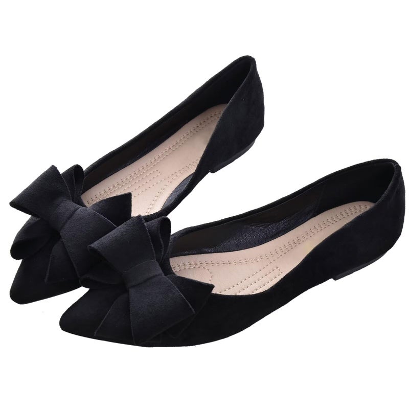 SAILING LU BowKnot Ballet Flats Womens Pointy Toe Flat Shoes Suede Dress Shoes Wear to Work Slip On Moccasins Black Size 75