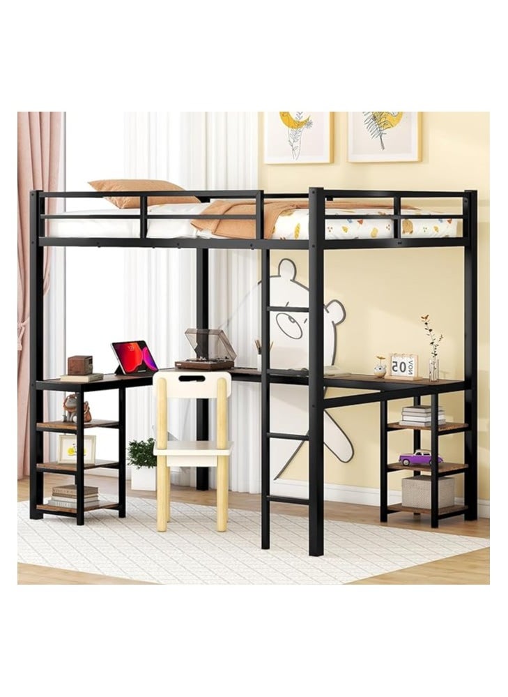 Royal Polar - Full Size Loft Bed with Desk and Storage Shelves Heavy Duty Metal Dunk Bed with Full-Length Guardrail Ladder Suitable for Teenagers Capacity 180KG - Image 1