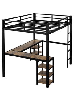 Full Size Loft Bed with Desk and Storage Shelves Heavy Duty Metal Dunk Bed with Full-Length Guardrail Ladder Suitable for Teenagers Capacity 180KG