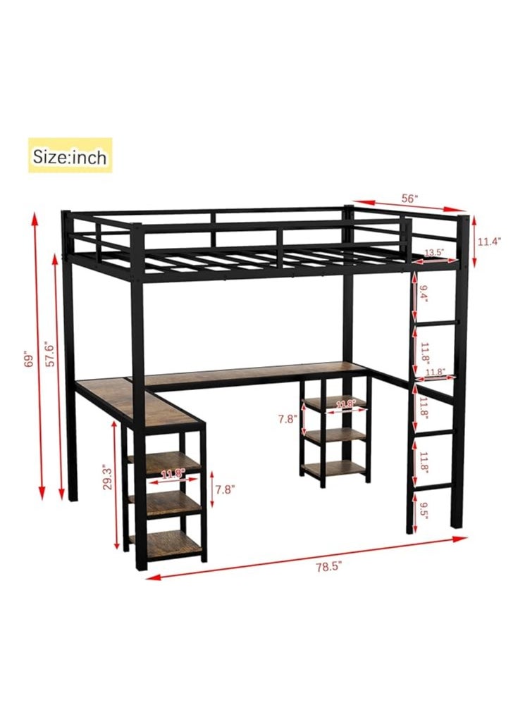 Royal Polar - Full Size Loft Bed with Desk and Storage Shelves Heavy Duty Metal Dunk Bed with Full-Length Guardrail Ladder Suitable for Teenagers Capacity 180KG - Image 1