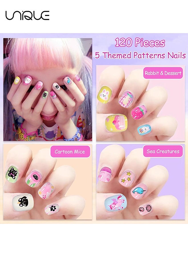 Unique 120PCS Kids False Nails Square - Short Press on Nails Kids - Cartoon Stick on Nails for Kids - Full Cover Fake Nails with Cute Bunny,Dolphin,Strawberry,Cake Nail Decorations for Girls - Image 3
