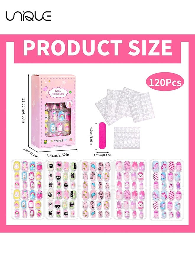 Unique 120PCS Kids False Nails Square - Short Press on Nails Kids - Cartoon Stick on Nails for Kids - Full Cover Fake Nails with Cute Bunny,Dolphin,Strawberry,Cake Nail Decorations for Girls - Image 2