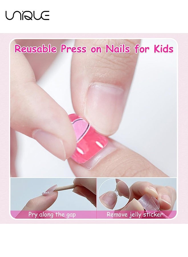 Unique 120PCS Kids False Nails Square - Short Press on Nails Kids - Cartoon Stick on Nails for Kids - Full Cover Fake Nails with Cute Bunny,Dolphin,Strawberry,Cake Nail Decorations for Girls - Image 4