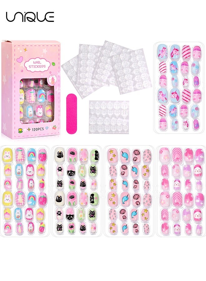 Unique 120PCS Kids False Nails Square - Short Press on Nails Kids - Cartoon Stick on Nails for Kids - Full Cover Fake Nails with Cute Bunny,Dolphin,Strawberry,Cake Nail Decorations for Girls - Image 1