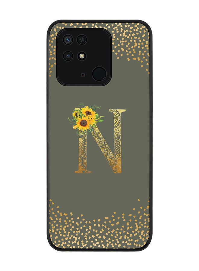 Stylizedd Rugged Black edge case for Redmi 10C 4G  Slim fit Soft Case Flexible Rubber Edges Anti Drop TPU Gel Thin Cover - Custom Monogram Initial Letter Floral Pattern Alphabet - N (Olive Green ) - Image 1