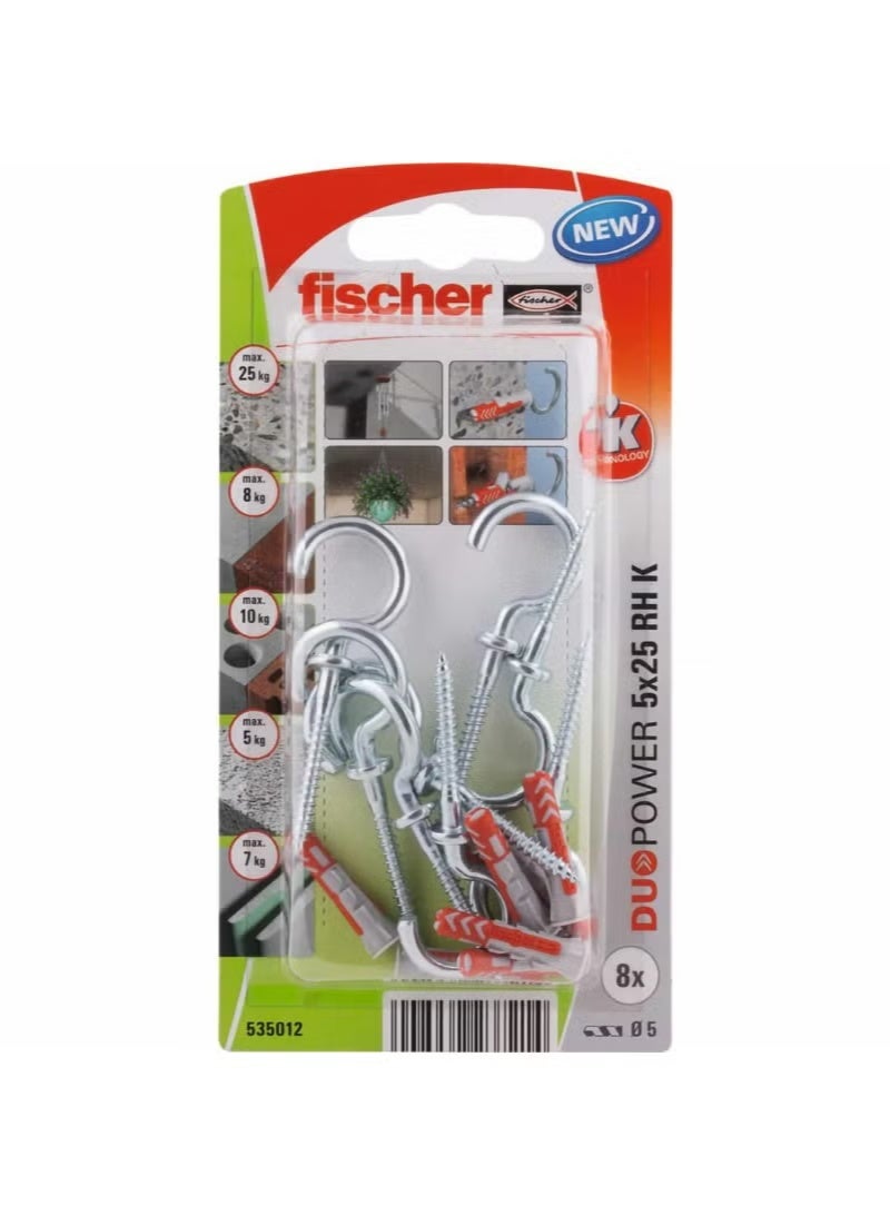 Fischer Universal Plug 5 x 25mm + Round Hook 8Pcs DUOPOWER 5X25 RH K NV