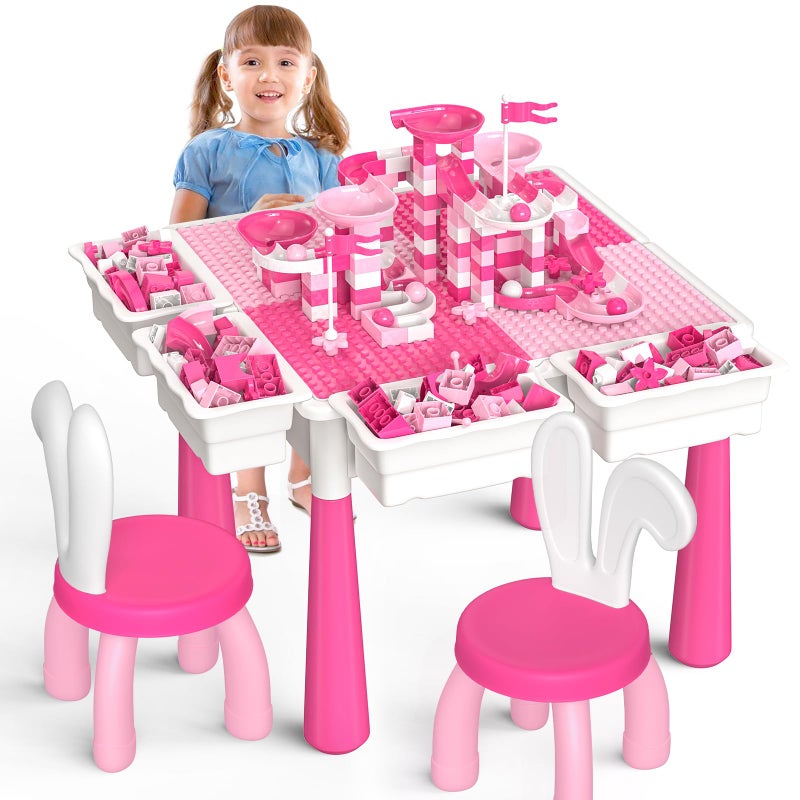 OCATO Kids Toddler Table and Chair Set Water Table Activity Tables with 152Pcs Large Marble Run Building Blocks 2 Rabbit Chairs Storage All in One Play Sensory Sand Tables 36 Year Old Girl Toy Gift - Image 3