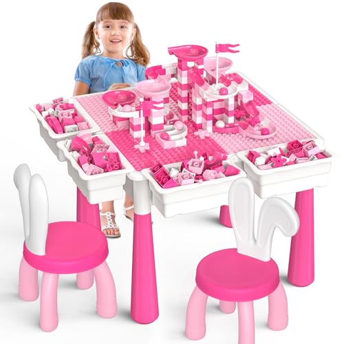 OCATO Kids Toddler Table and Chair Set Water Table Activity Tables with 152Pcs Large Marble Run Building Blocks 2 Rabbit Chairs Storage All in One Play Sensory Sand Tables 36 Year Old Girl Toy Gift - Image 1