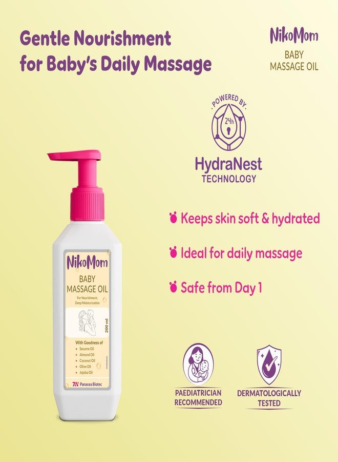 NikoMom Baby Massage Oil 200ml | 100% Natural Oil Support Strong Bones & 24H Moisturization with HydraNest Technology | Enriched with Coconut, Sesame, Almond & Olive Oils | Dermatologically Tested - Image 2