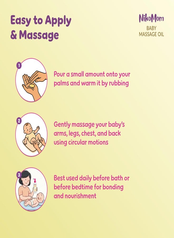 NikoMom Baby Massage Oil 200ml | 100% Natural Oil Support Strong Bones & 24H Moisturization with HydraNest Technology | Enriched with Coconut, Sesame, Almond & Olive Oils | Dermatologically Tested - Image 4