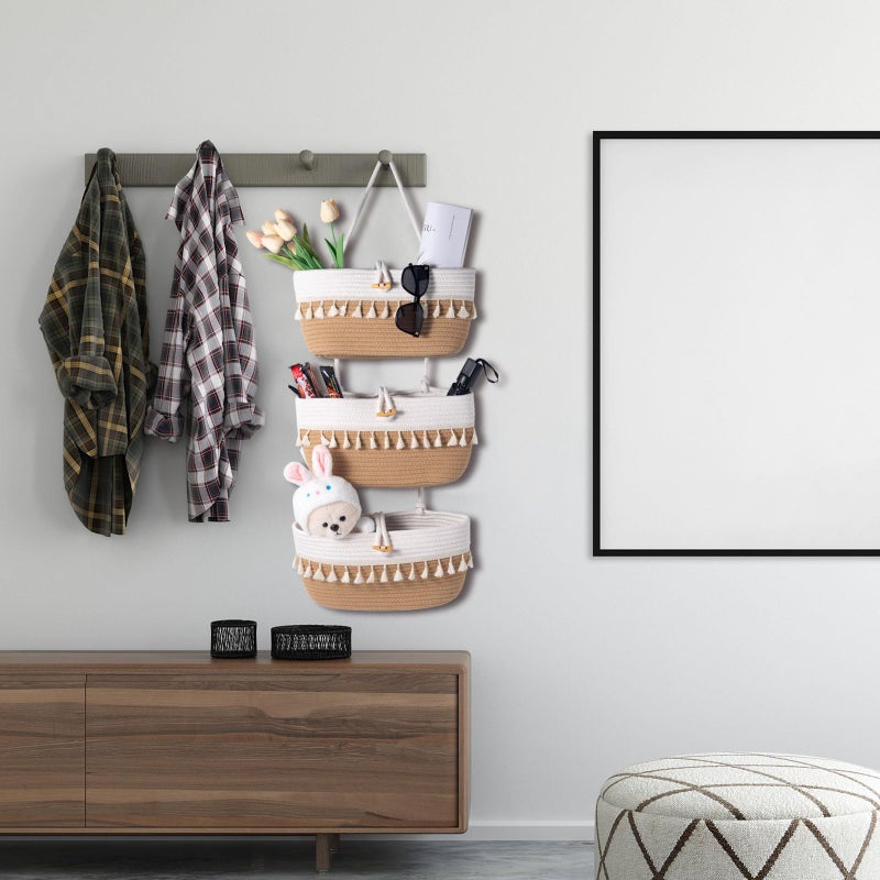Oradrem Over the Door Macrame Basket Cotton Rope Organizer,3 Tier Wall Hanging Storage Basket, 14.5"x7" Closet Organizing, Decorative Baskets for Organizing Living Room - Image 4