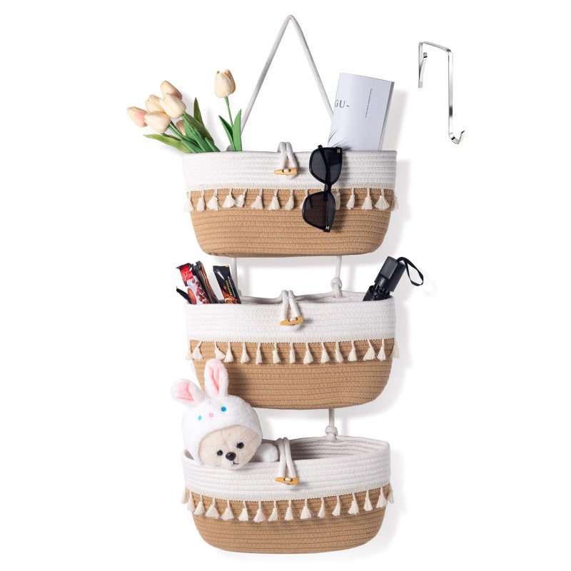 Oradrem Over the Door Macrame Basket Cotton Rope Organizer,3 Tier Wall Hanging Storage Basket, 14.5"x7" Closet Organizing, Decorative Baskets for Organizing Living Room - Image 1