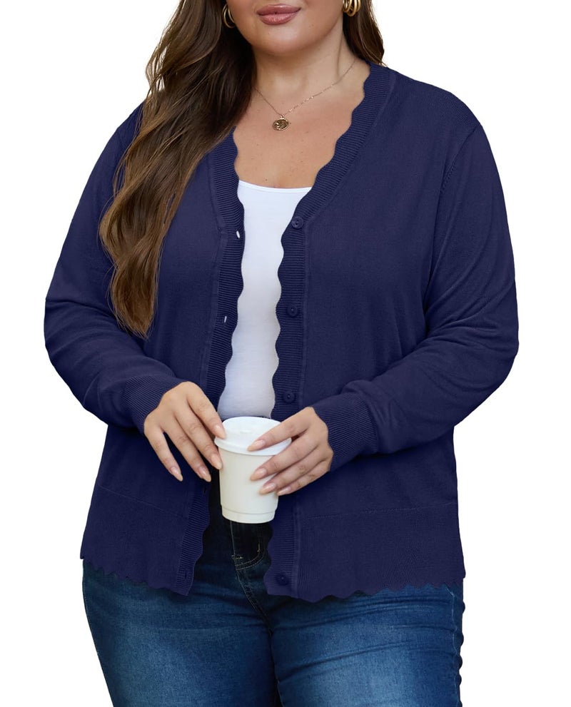 OLRIK Women's Shrug Sweaters Plus Size Lightweight Jacket Knit Cardigans for Women Navy Blue-1X - Image 3