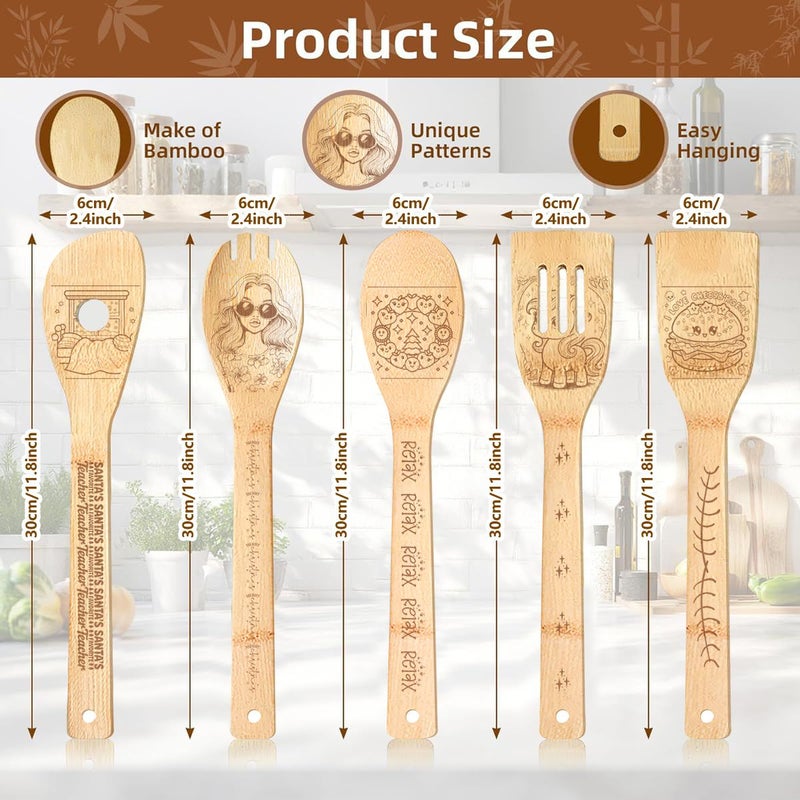 مجموعة أدوات المطبخ الخشبية المطبوعة المكونة من 5 قطع: ملعقة تقليب وملاعق أدوات طبخ - Image 3